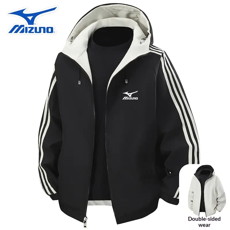 Men's Reversible Hooded Jacket with Stripe Sleeves, Motorsport Style Zip-Up Windbreaker for Casual Outings, Tops