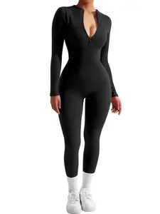 Women's Threaded Long-Sleeved Trousers Seamless Knitted Jumpsuit European & American Winter Tight-Fitting Long-Sleeved Yoga Jumpsuit Zip-Front Tummy-Control High-Intensity Workout Fitness Wear for Women Sportswear Jumpsuits