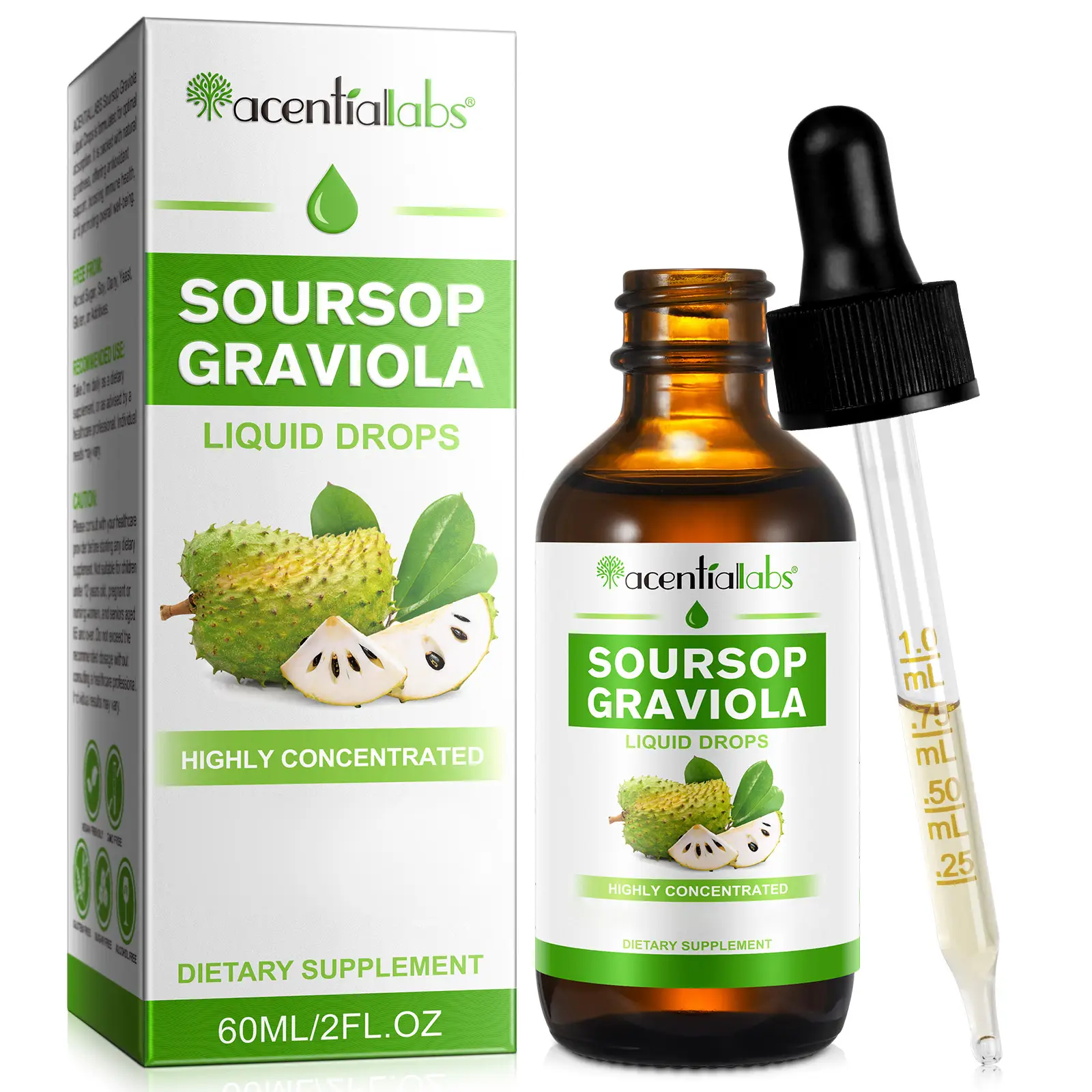 Acentialabs Soursop Graviola Liquid Drops 60ml Organic Vitamin Supplement for Immune Boost Relaxation & Sleep High in Prebiotic Fiber vitamins