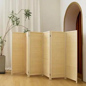 6 Panel Short Panel Divider Screen,3.95 FT Tall  Room Divider Folding  Screen,Short Panel Divider Freestanding Room Divider for Room Seperation,Beige