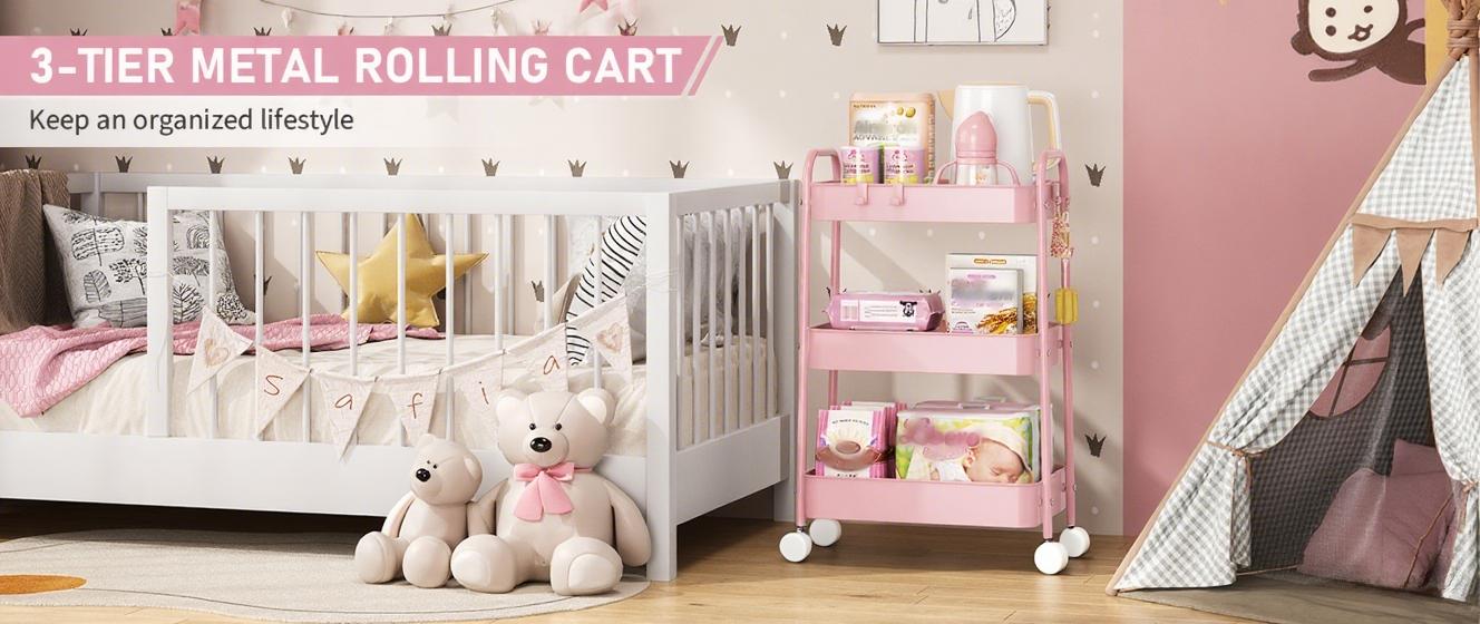 3 Tier Rolling Cart, Metal Utility Cart with 4 Hooks Storage Cart on Wheels Craft Cart with Handle for Organizer Storage for Classroom Office Dorm Home Pink 3 Tier Rolling Cart, Metal Utility Cart with 4 Hooks Storage Cart on Wheels Craft Cart with Handle for Organizer Storage for Classroom Office Dorm Home Pink