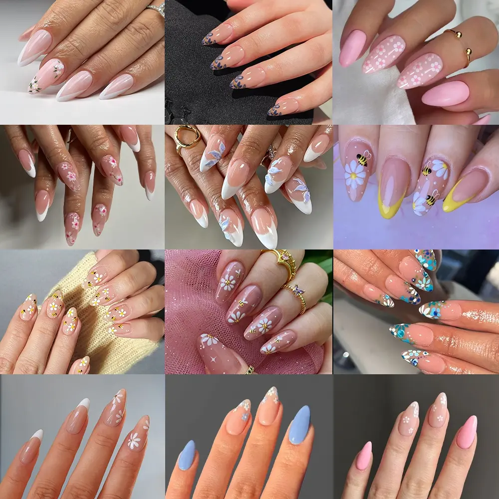 576pcs Medium Almond Press-On Nails, Blue Nude Colors, Glossy Finish, Summer Floral Design, Floral Patterns, Flower Nails, Decorative Nails, Nail Designs, for Women and Girls, Fake Nail