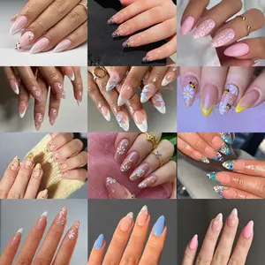 576pcs Medium Almond Press-On Nails, Blue Nude Colors, Glossy Finish, Summer Floral Design, Floral Patterns, for Women and Girls