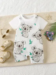 Cute Baby Two-Piece Set Round Neck Bodysuit Outfit Romper with Koala Print, Leaf Design, Short Sleeve for Newborns, Outdoor Wear, Baby Clothes Girl