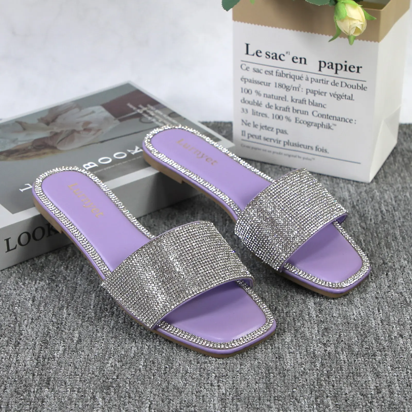 Women Purple Insole Full Rhinestone Square Toe Slide Sandals, Open Toe Crystal Border Flat Slip On Summer Slippers plush breathable sport Reindeer Memory Foam Christmas football mesh shoe