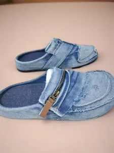 Hole Design Trendy Men's Shoes, Versatile Sports Slippers Rubber for Daily Use, Retro Style Vintage Denim Sandals with Toe Caps, Comfortable Half Slippers, Half Slipper Mules