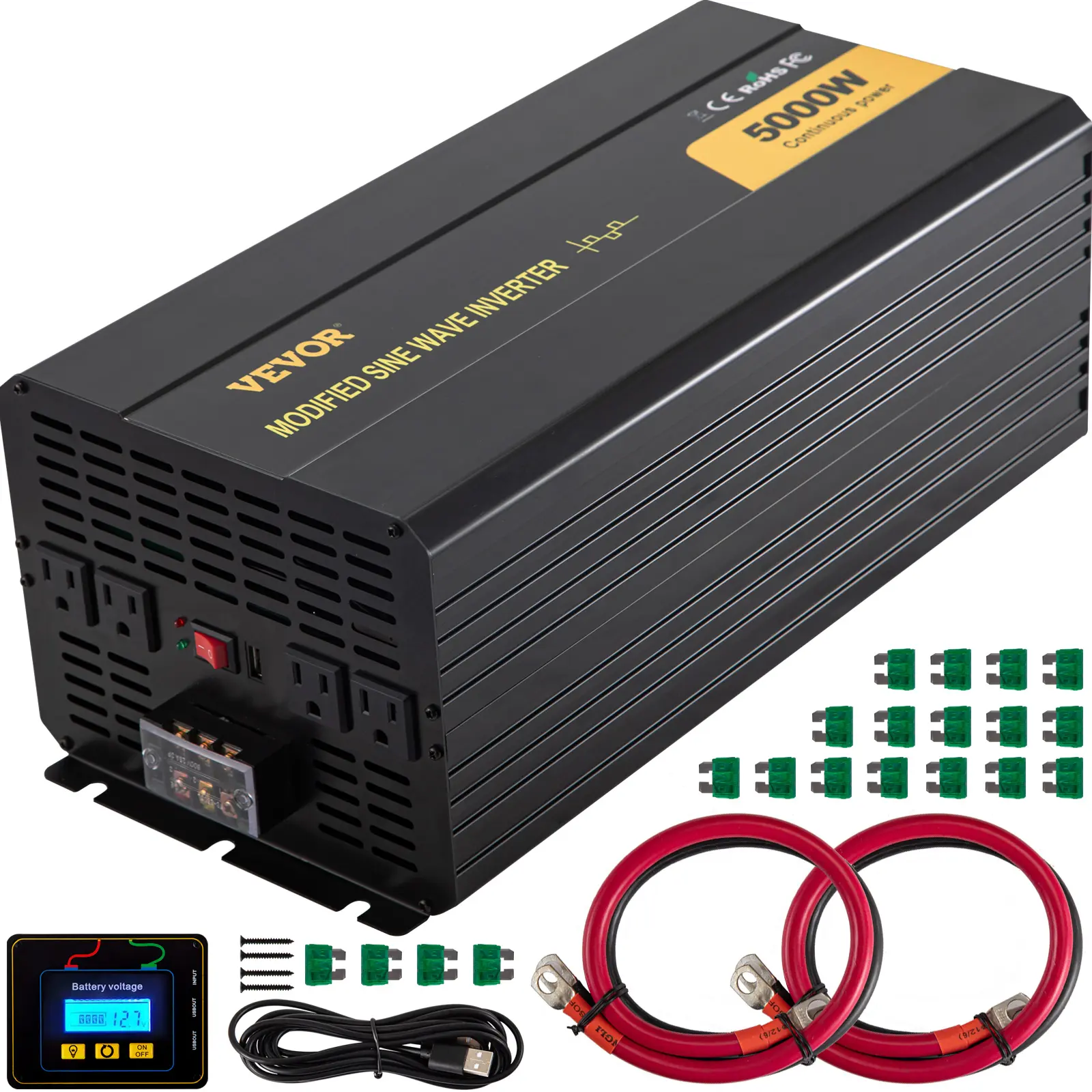 VEVOR 5000W Max Modified Sine Wave Power Inverter - DC 12V to AC 120V Aluminum Shell Car Home Inverter with LCD Remote Controller, LED Indicator, AC Outlets, Full Security Protections for Camping, Hurricanes, Storms, Outdoor Safe Emergency Use, 200 W & Ab