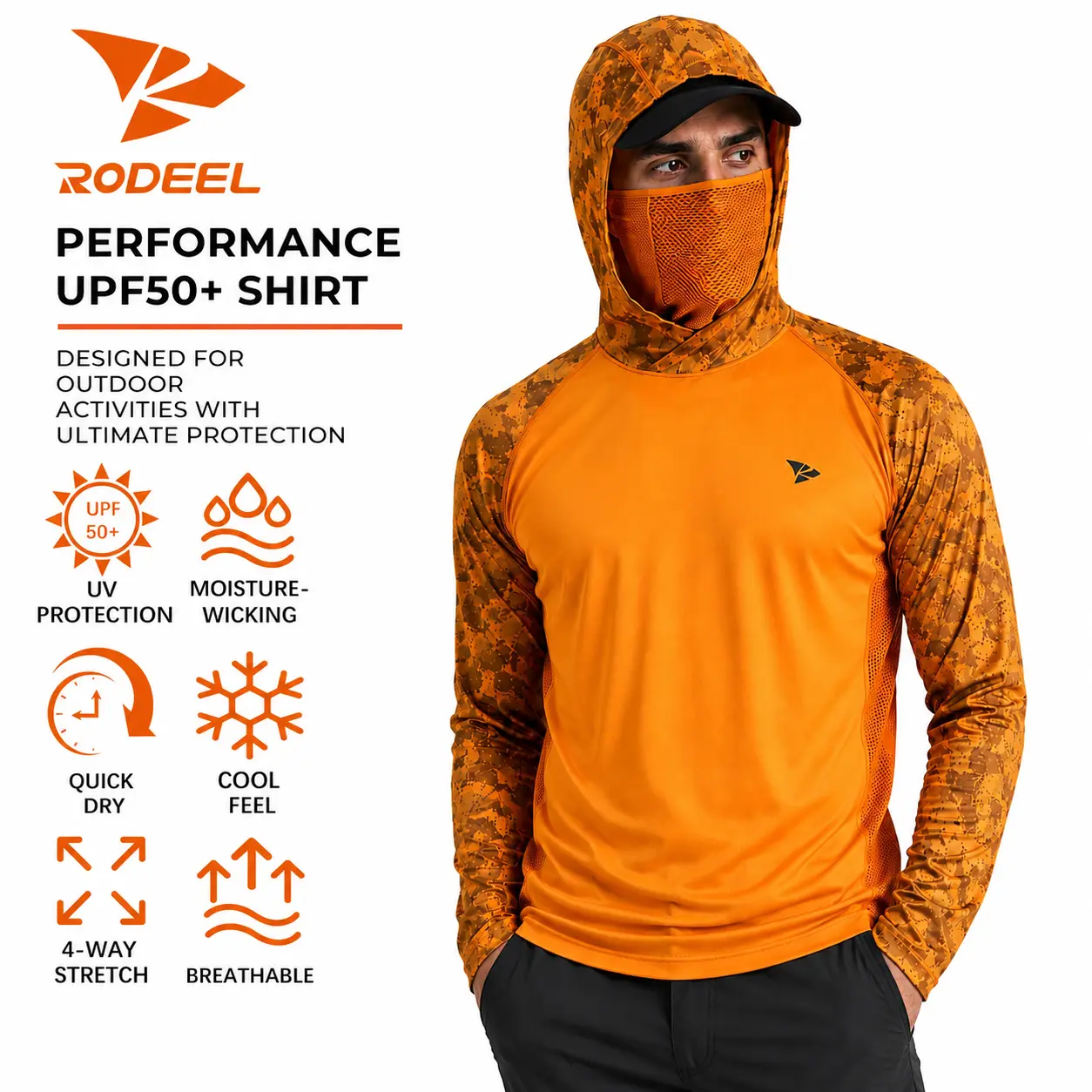 RODEEL 915 Sun Hoodie Shirts w/ Mask Neck Gaiter Men UPF 50+ UV Protection Long Sleeve Lightweight Quick Dry Moisture Wicking Breathable Athletic Activewear for Outdoor Fishing Boating Hiking Cycling Construction Roofing Farming Tree Service summervibes