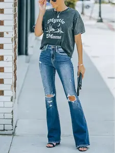 Women's Stretch Ripped Boot Cut Jeans, High Waist Distressed Flare Jeans with Knee Rips Vintage Blue Wash