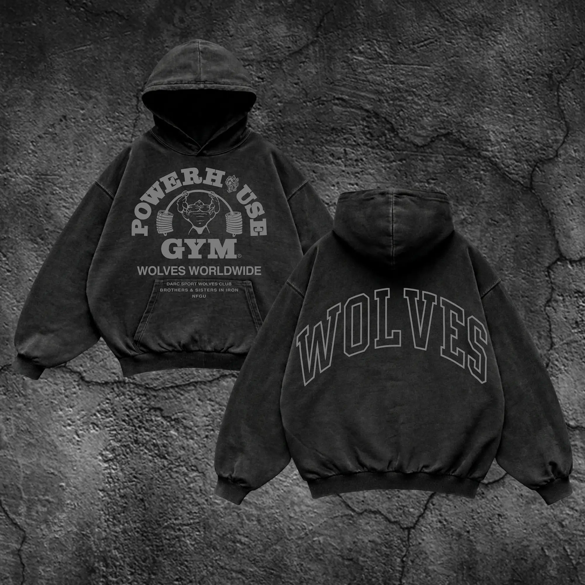 Wolves PowerHouse Gym Oversized Washed Hoodie, Gym Apparel, Workout Wear, Training Men's Top, Aesthetic Shirt, Discipline, Strength, Focus