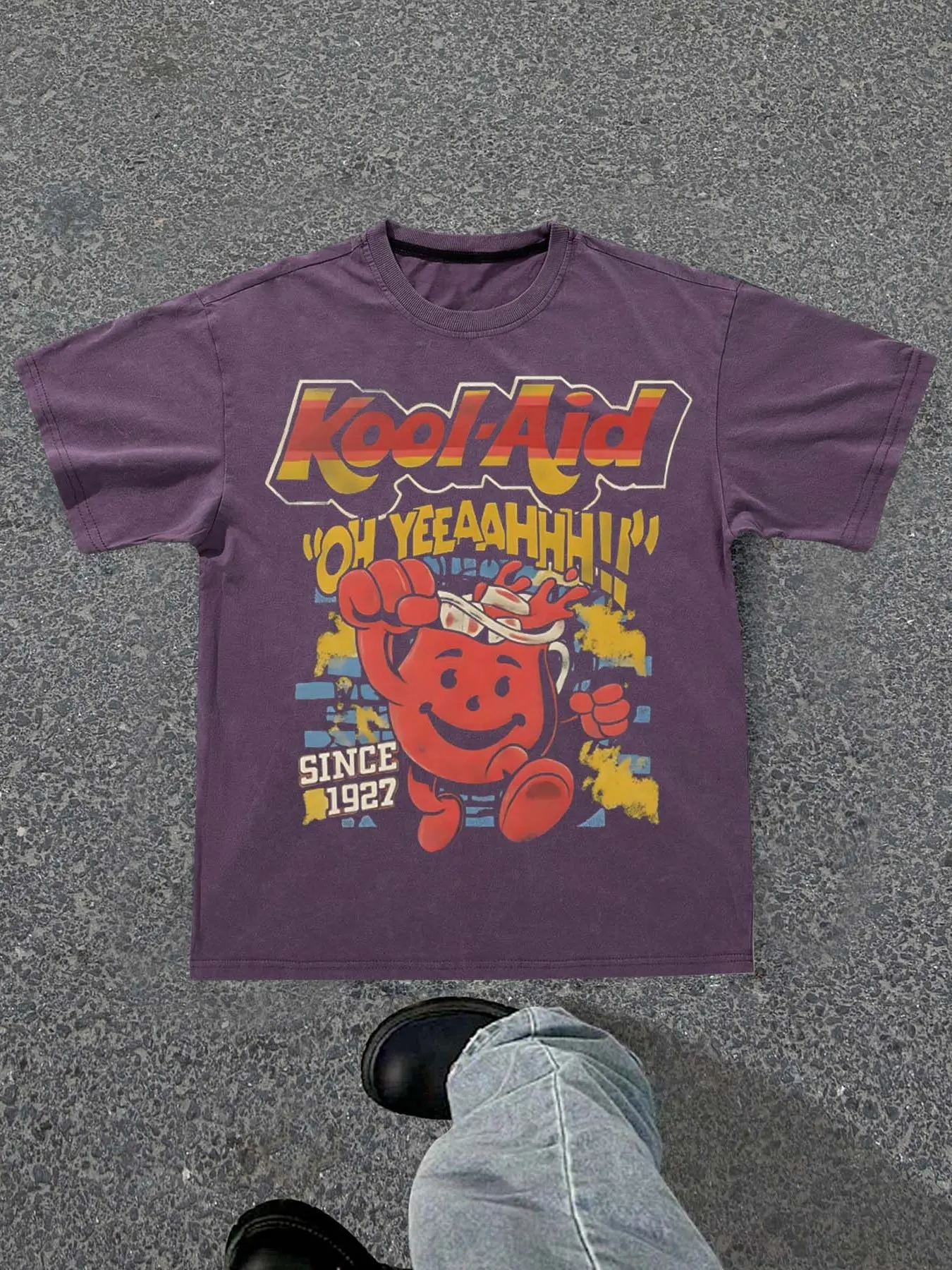 Vintage Wash Kool-Aid Men's Casual Graphic Print T-Shirt, 100% Cotton Streetwear, 90s Nostalgic Fashion, Unisex Y2K Aesthetic Tee, All Seasons, Menswear