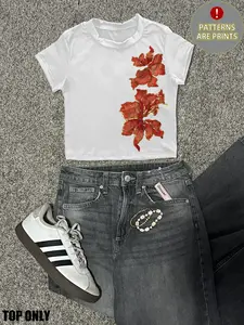 Women's Floral Print Round Neck Short Sleeve Tight Fit T-Shirt, Summer Casual Fashion Tee, Perfect for Daily Wear and Holidays, Top, Everyday, Fitted