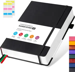 Hardcover Lined A5 Size Lay-Flat Notebook, 320 Pages Faux Leather Cover, 100GSM Thick College Ruled Paper for Office Writing & Journaling