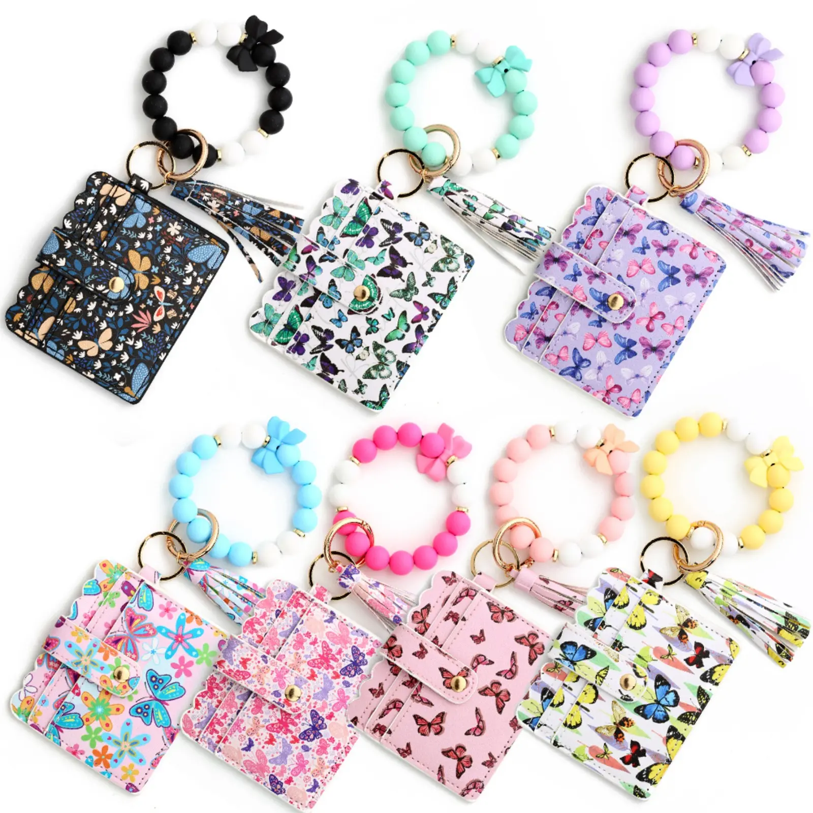 Women's Silicone Beaded Strap PU Leather Wristlet Keychain Wallet - Casual & Fashionable Card Holder, ID Credit Card Organizer with Pink Flower Print, Casual Card Holder