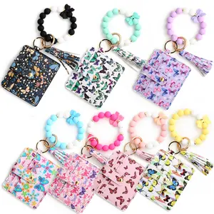 Silicone bead pu leather key chain wristlet id credit card holder keychain wallet for women Pink Flower Print Wallet