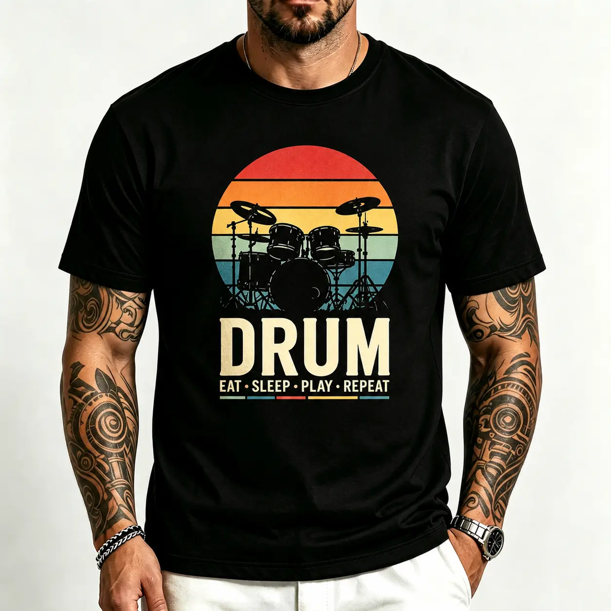 Men's Vintage Drum Set Graphic T-Shirt, 100% Cotton Retro Music Tee with Round Neck, Stylish Shortsleeve Top for Drummers & Concerts campingessentials, Menswear, Tshirt