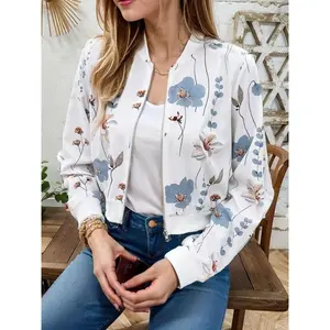 Women's printed zipper front short jacket, spring and autumn casual long sleeved jacket, women's daily clothingRAIMENTRY