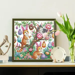 Cat & Easter Egg Tree Pattern DIY Diamond Arts Colorful Painting Kit, 5D Special Shape Diamond Arts Painting Kit for Beginners, DIY Crafts Home Decoration