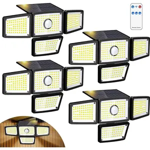 4 Heads Sensor Lamp Solar, Motion Sensor Outdoor Lights 3000LM, 283 LED,6500 K, Motion Sensor, IP65 , 270? Wide Angle,  Floodlight for Backyard, Patio, Driveway(4Pack)