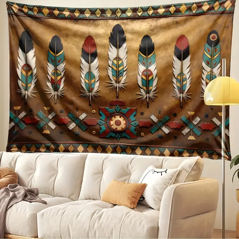 Large Synthetic All-Seasons Native American Style Feather Tribal Pattern Wall Hanging Tapestry - Home Supplies, Outdoor/Indoor Polyester Decor, Anime-Themed Accent, Party Banner/Photo Background, No Power Required Bedroom Wall Art, Room Art, Decor Inspo