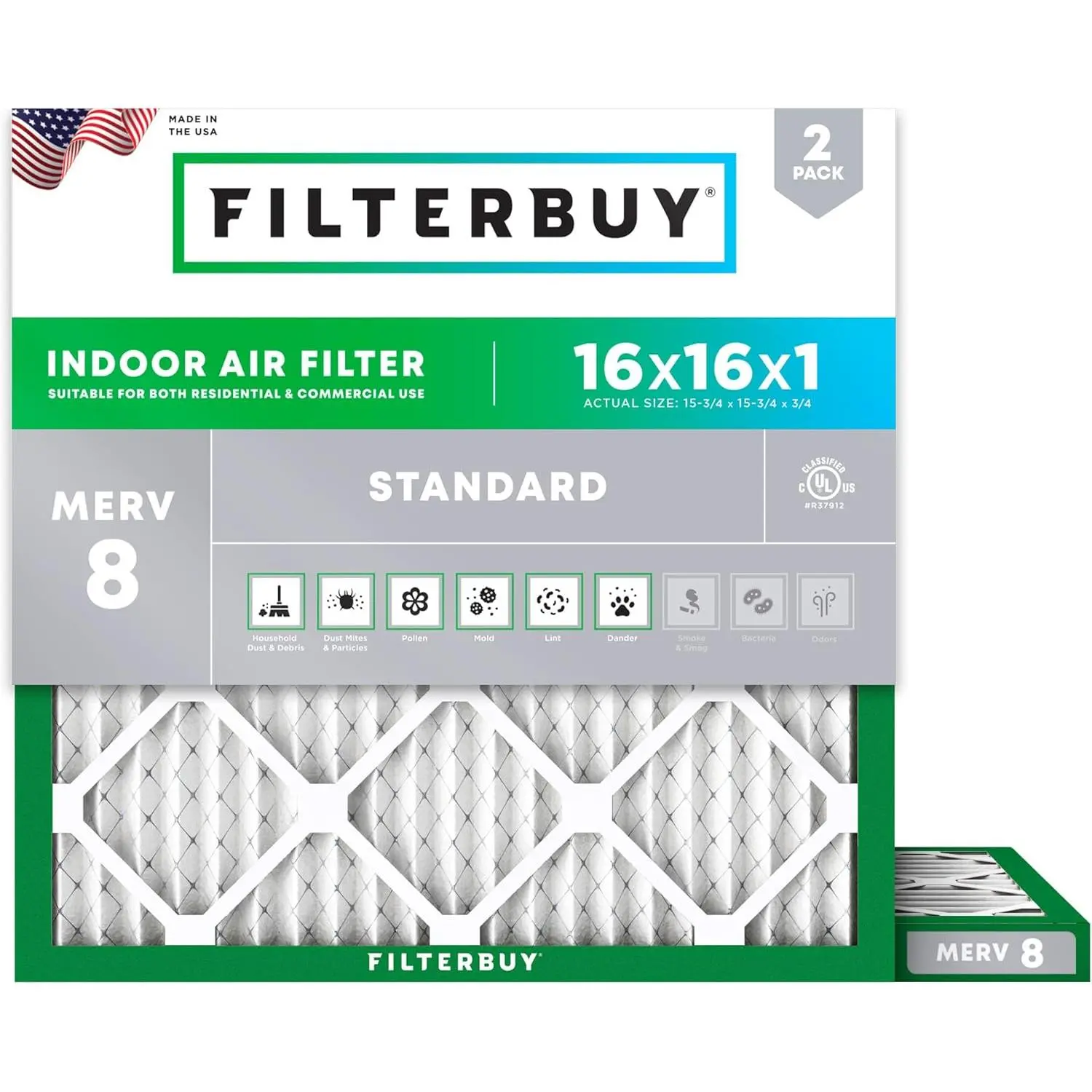 Filterbuy New 16x16x1 Home & Business HVAC AC Furnace Air Filter (2-Pack) - Pleated MERV 8 Dust Defense, Electrostatically Charged, Eco-Friendly Recyclable Materials, Airflow Boost (Actual Size:15.75x15.75x0.75in)