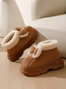 Women's Winter Bowknot Wedge Cotton Slippers, Indoor & Outdoor Wear, Thick Sole Fashion Suede Velvet Shoes, Casual Medium Width, Slippers Look Like Boots