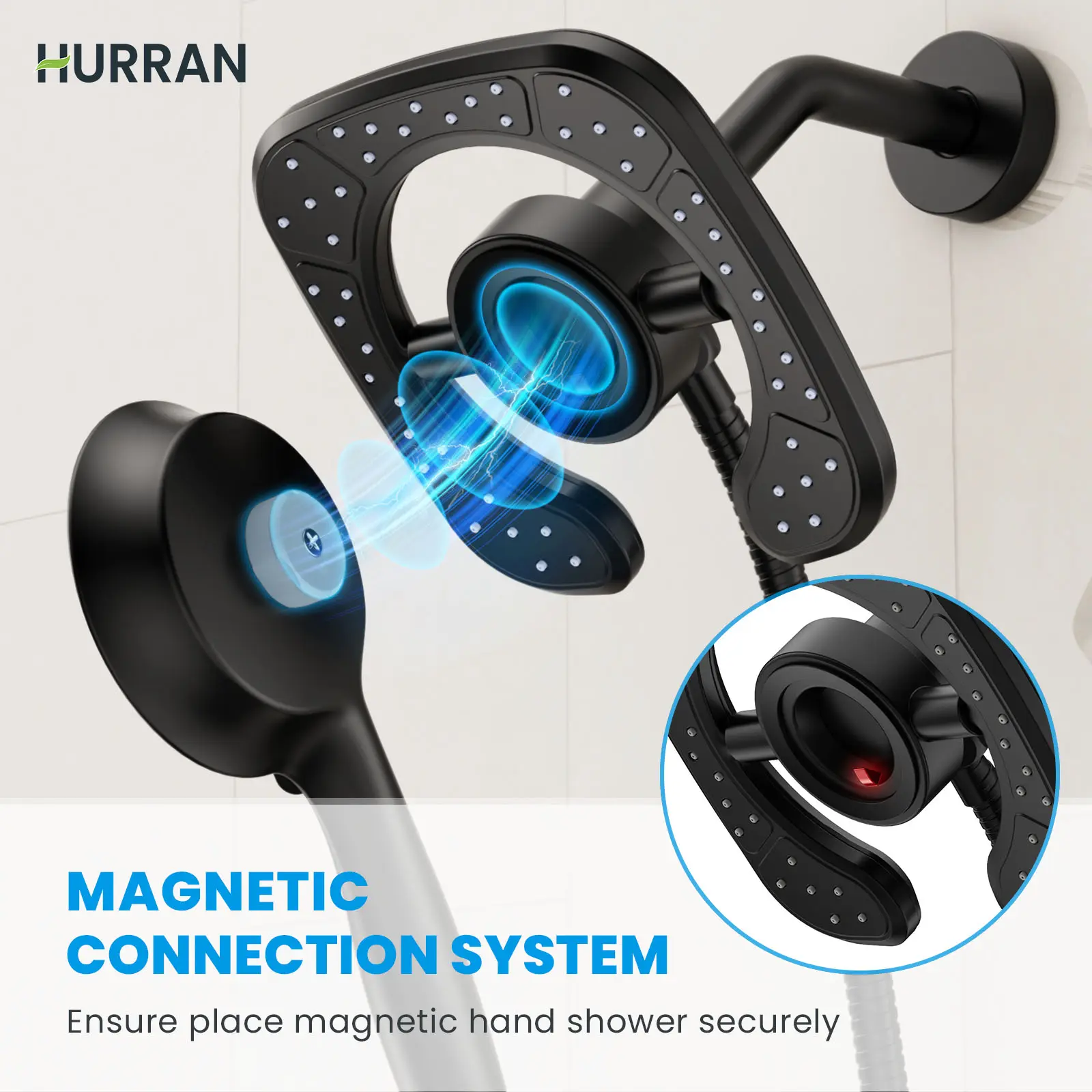 Hurran High Pressure 2-in-1 Round Rainfall & Handheld Shower Head - 7.2-in Waterfall Spray, 360° Adjustable Magnetic Dock, 10 Spray Modes, 59-in Stainless Steel Hose, Easy Installation, Neutral Household Bathroom Accessory