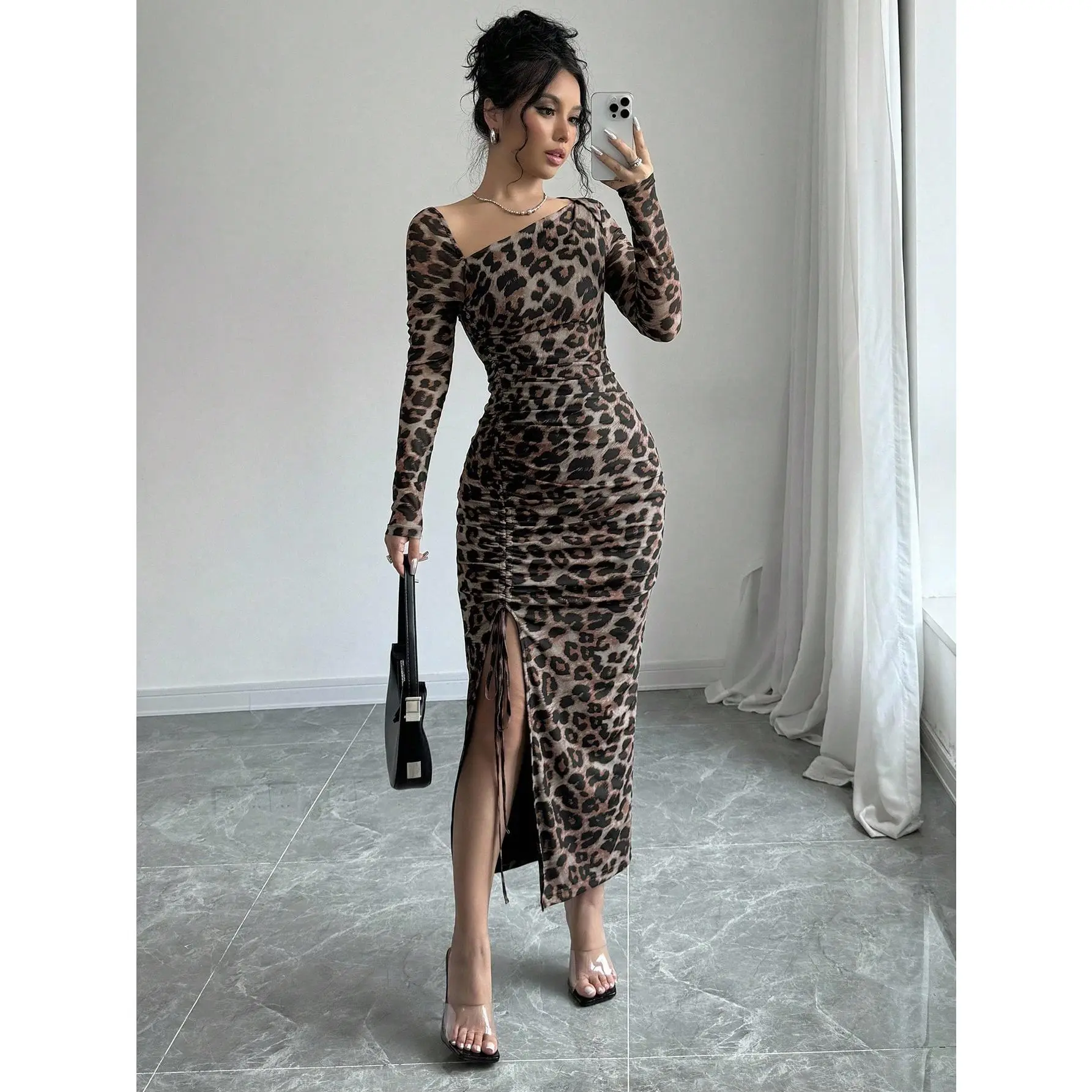 Maxi Leopard Autumn Drawstring Ruched Asymmetrical Neck Split Dresses Wedding Guest Dress