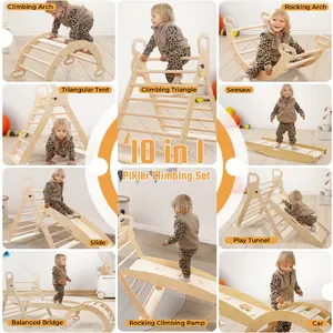 Pikler Triangle Set Toddler Climbing Toys Indoor 10in1 Foldable Baby Climbing Toys with Rainbow Bars & Car Accessories Wooden Slide Playground Equipment for Imaginative Play