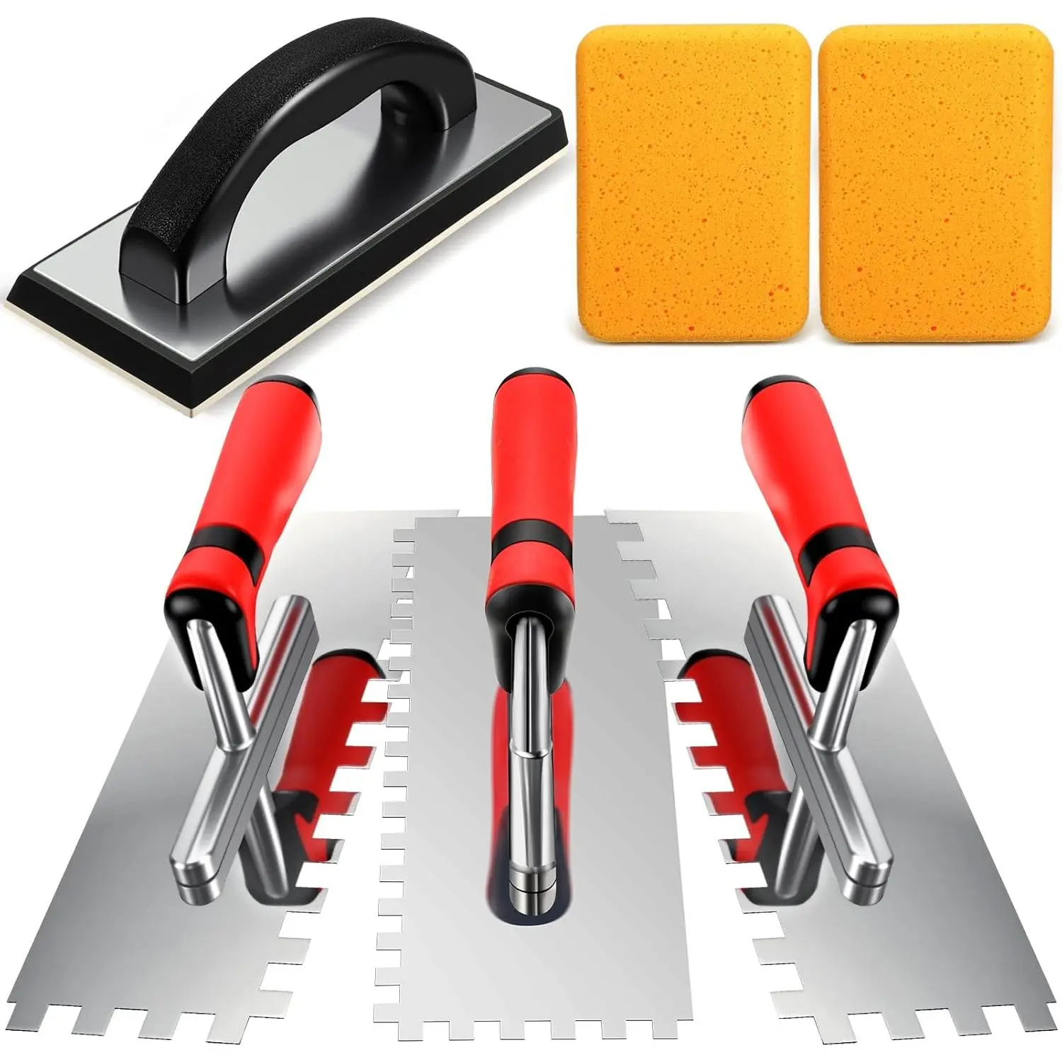 6 count Tile Tools Set Include 3 count Stainless Steel Square Notch Trowel, 1 Rubber Grout Float and 2 Grout Sponge for Wall Floor Tiling Installation Grouting