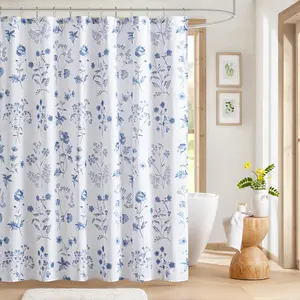 Martha's Garden Shower Curtain Botanical Floral Print Cotton Shower Curtain for Bathroom, Spa Quality Modern Shower Curtains Standard Size, 72x72 Blue