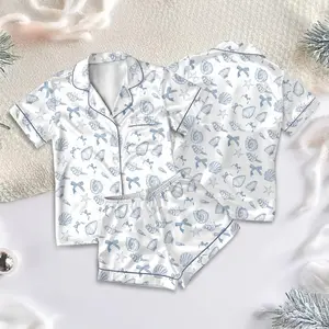 Ocean Life Satin Pajamas Set, Sea Shells and Ocean Satin Pajamas, Blue Shell Print Matching pajamas Set, Nautical Sleepwear for Women, Womenswear Loungewear