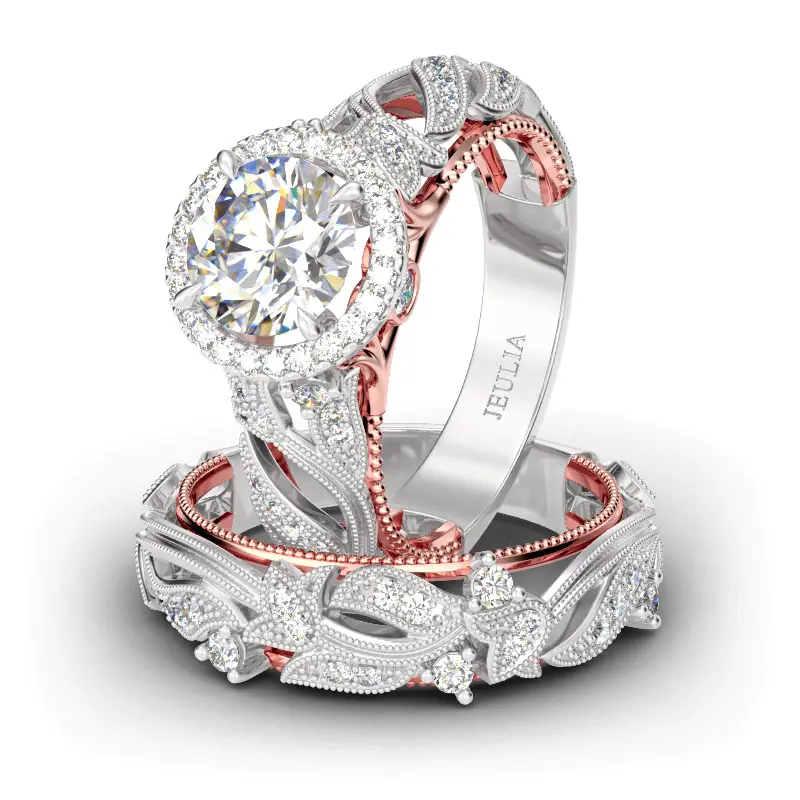 Jeulia 4 Carat Openwork Ring Sets for Women 925 Sterling Silver Wedding Sets Rose Golden Round Cut Halo Engagement Ring White band CZ Solitaire Anniversary Promise Rings wedding set Sterling Silver