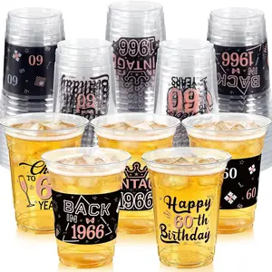50 Pcs 16 Oz Rose Gold Clear Disposable Plastic Drinking Cups for 60th Birthday Party Supplies Bulk Snack Cups for Women Men