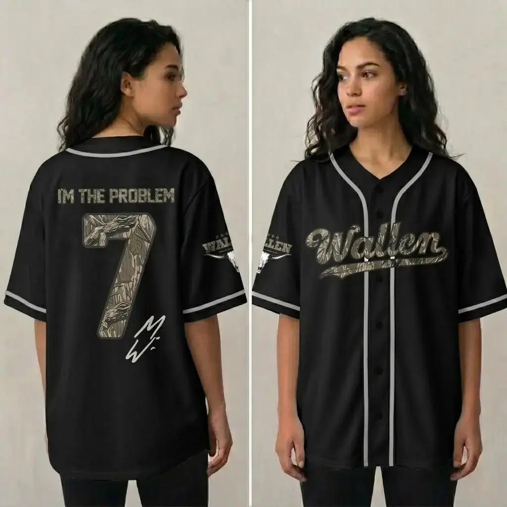 Wallen 7 Baseball Jersey Graphic Shirt I'm The Problem Oversized Streetwear Hip Hop Concert Outfit Black Unisex Button-Up Retro Tour Style Y2K TikTok Fashion Trend