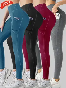 Women's High-Waisted Yoga Pants 4-Pack with Pockets Tummy Control Workout Tights Full Elastic Fitness Leggings for Gym Running All Seasons