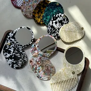 Portable Acetate Comb with Mirror - a Foldable Travel Makeup Mirror and Exfoliating Comb Combined in One, Featuring a Stylish and Elegant Pastel Beige--Golden Design, Hair Shedding Comb