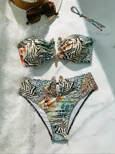 Women's Two-Piece Bikini Set, Zebra Leopard Print Patchwork, Detachable Halter Straps, Adjustable Strap Bikini, Accessories, Perfect for Swimming & Vacation, Swimsuit for Beach, Bandeau Bikini Set