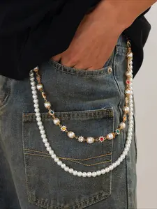 Men's Pearl & Sunflower Pant Chain Multi-Layered Beaded Jeans Accessory for Streetwear Unisex Bling Wallet Chain PantChain MensStreetStyle