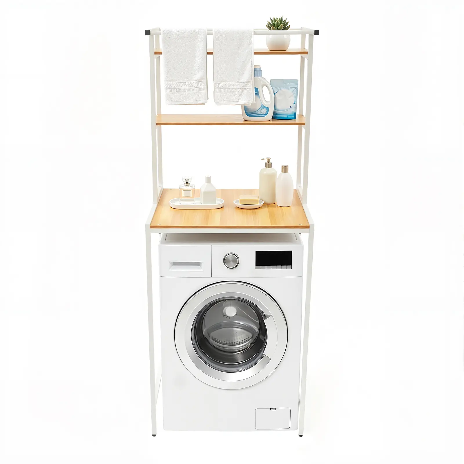 3-Tier Washer and Dryer Storage Rack with MDF Countertop & Iron Frame, Heavy Duty 22 lbs per Shelf, Adjustable Feet & X-Shaped Back Support for Laundry Room, Bathroom, Balcony Father Son High School Graduation Gift