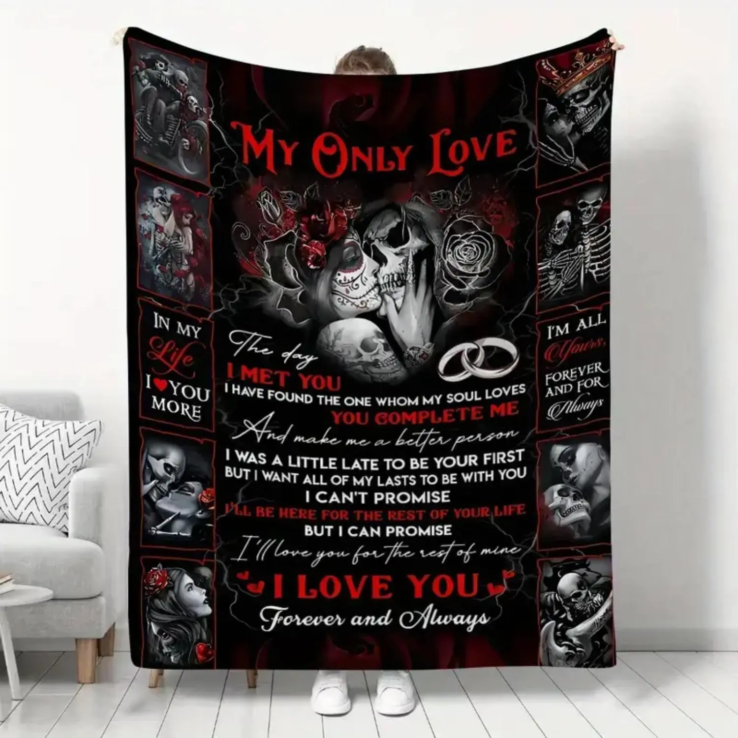 Gothic Skull Couple Flannel Blanket - "to My Lover" Envelope Design with Romantic Quotes, Ultra-Soft & Cozy for All Seasons, Perfect for Sofa, Bed, Office, Camping, or Travel
