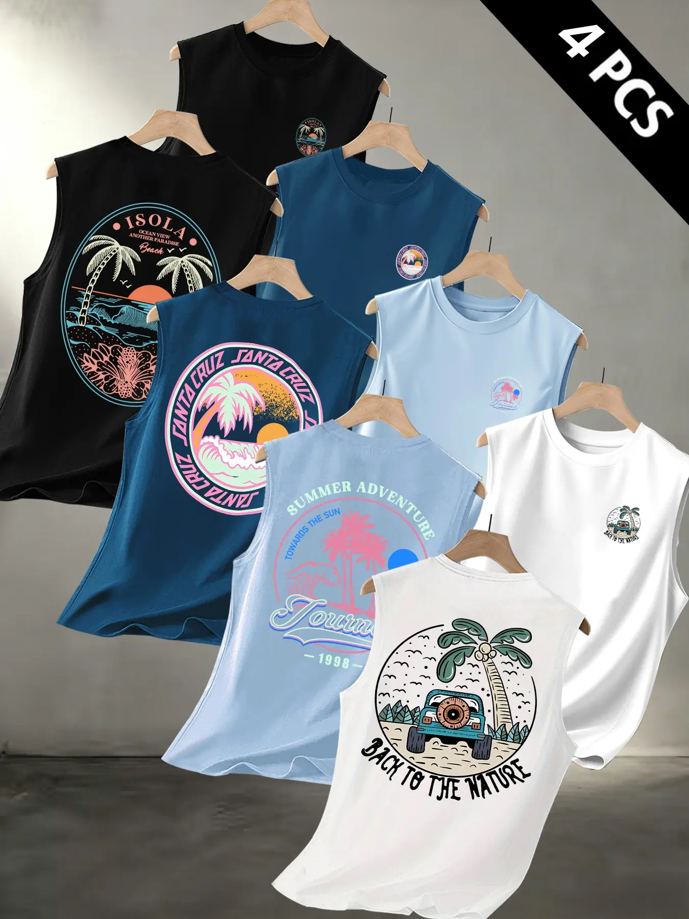 Men's Tropical Beach & Palm Tree Print 4-Pack Tank Tops, Casual Slim Sleeveless Vests, Summer Vacation Streetwear Graphic #BeachTankTopPack #SummerVibes #4PackTankTops #PalmTreePrint #TikTokMadeMeBuyIt