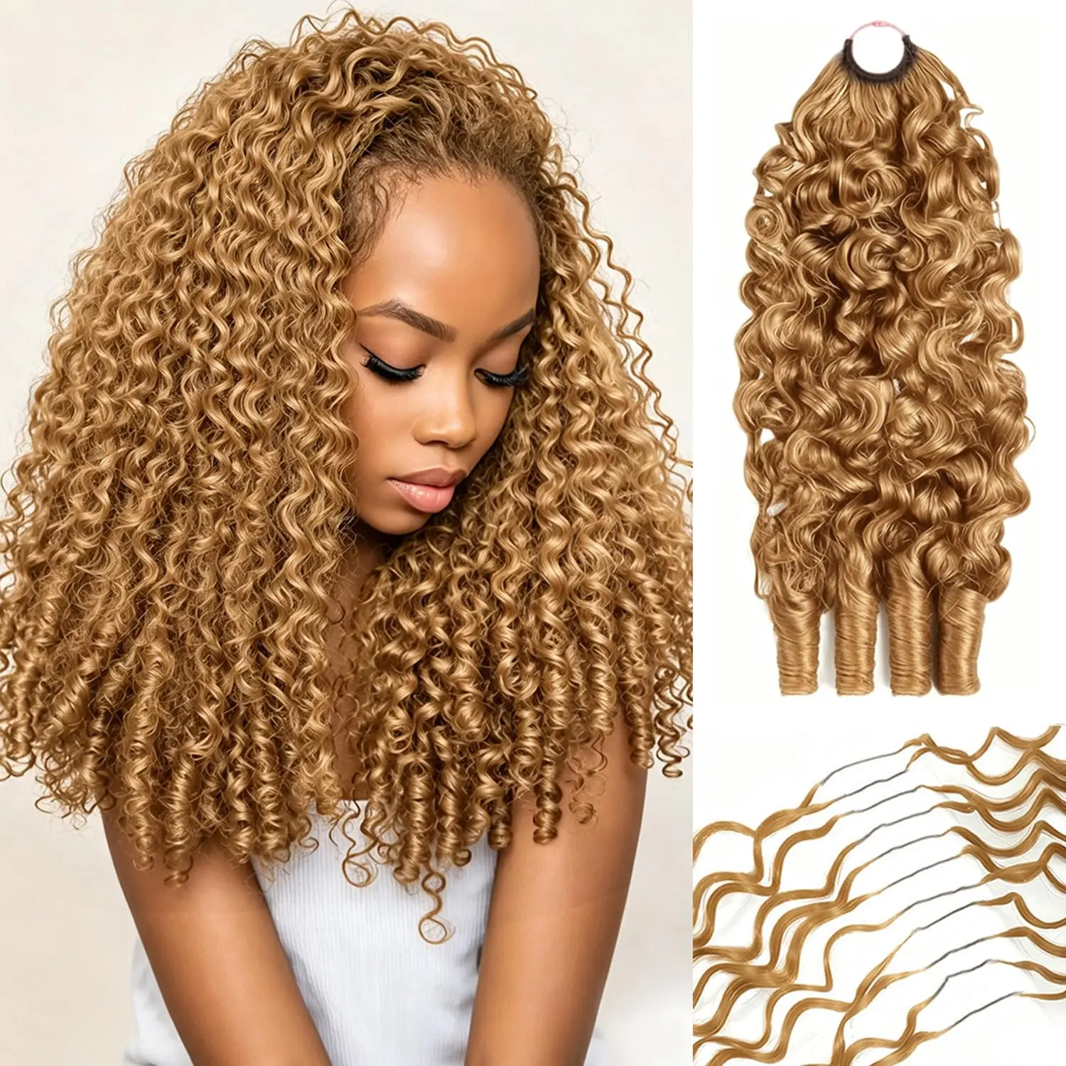 [New In] Bling Hair #27 Honey Blonde Color Burmese Curly Crochet Human Hair For Women Reusable Knotless Burmese Curly Human Hair Invisible Feather Wet And Wavy Crochet Hair Extensions