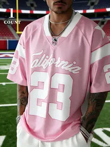 Men's American Football Style Short Sleeve T-Shirt, Classic Print, Colorblock Design, Vintage Sports Wind, Fit For Athletic Activities, Loose Fit Casual Trendy Top