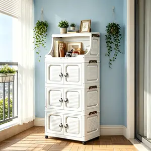 Collapsible Stackable Storage Cabinet, Open Top Shelf & Magnetic Door - Multifunctional Foldable Plastic Storage Cabinet with Lockable Wheels, Tool-Free Assembly, Space-Saving Design, Storage Organization Container for Laundry Room & Home Use