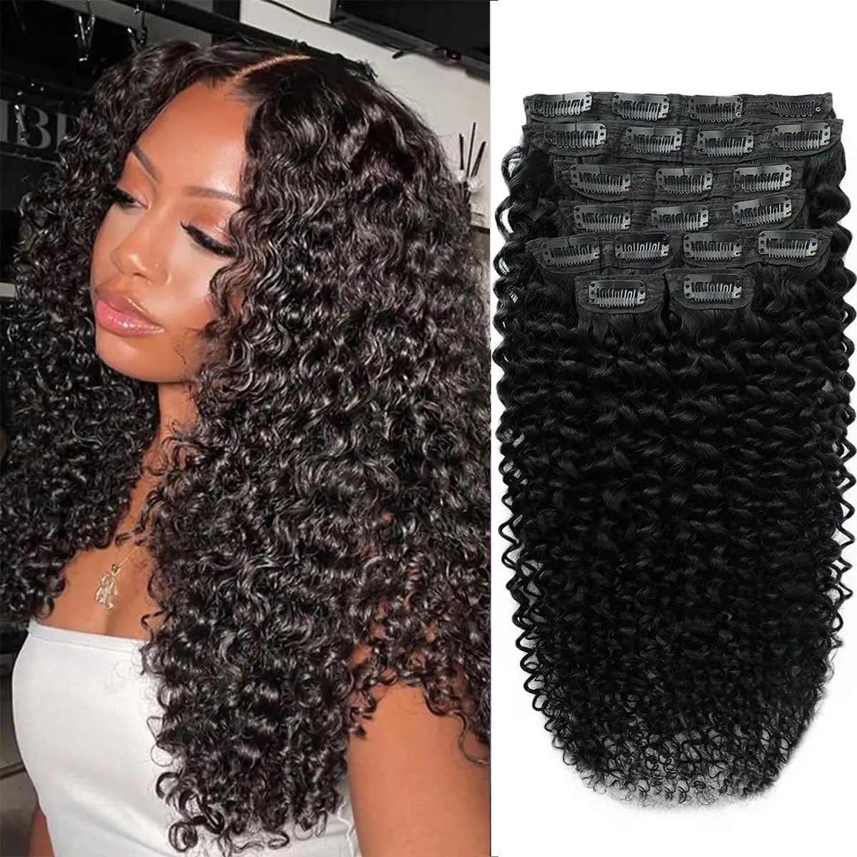 16 inch Curly Clip in Hair Extensions for Women Brazilian Virgin Human Hair Clip in Extensions Kinky Curly Clip ins Human Hair 8Pcs 100g Natural Black/#4 Chocolate Brown/P427 Highlight Brown/99J Burgundy/#350 Ginger