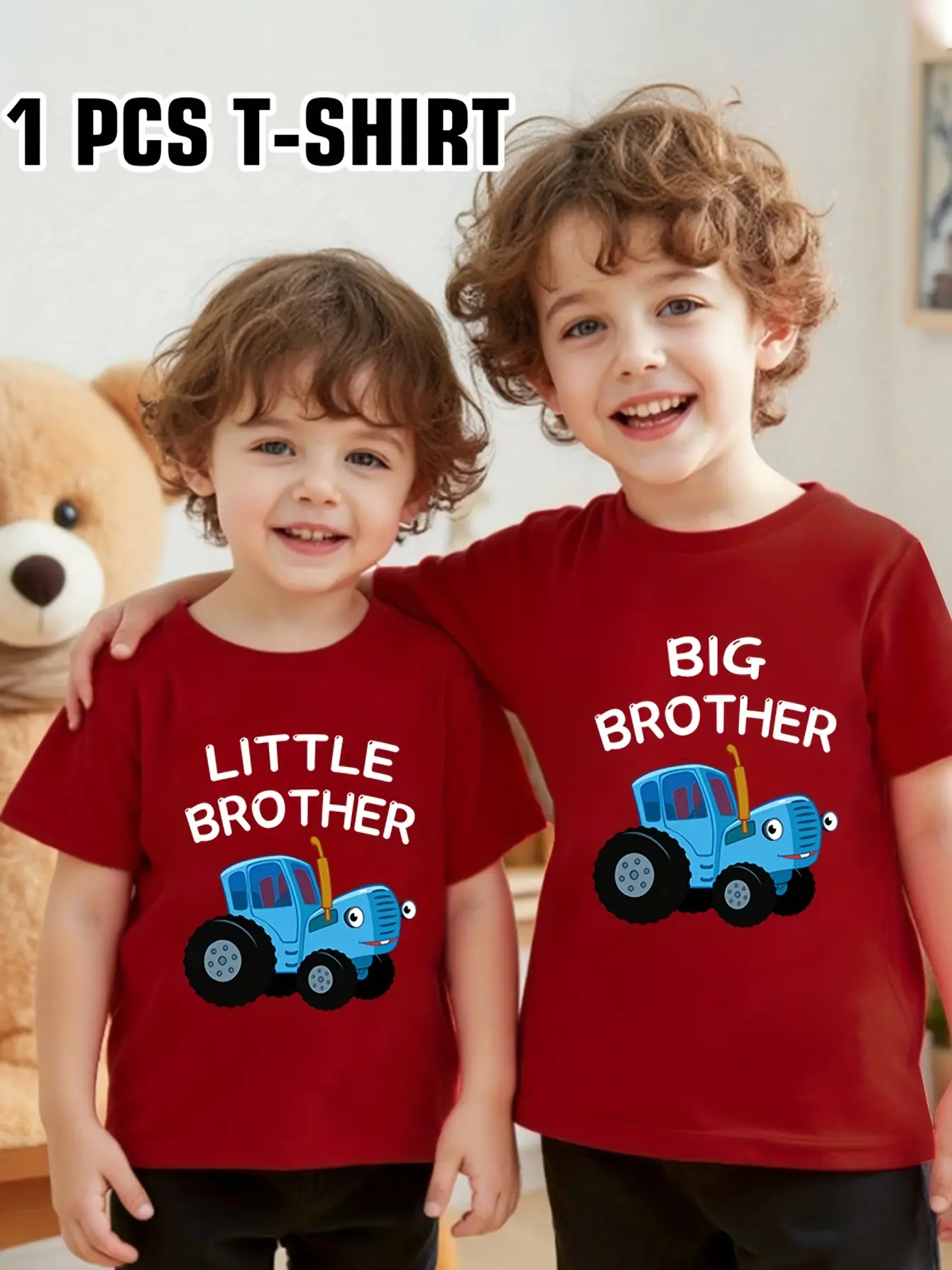 Boys' 100% Soft Cotton Tractor Matching Sibling T-Shirt Set - Big Brother-Little Brother Tops, Fun Cartoon Print, Car-Themed Graphics, Slogan Lettering, Regular Sleeve, Versatile, Fits 2-3Y,3-4Y,4-5Y,5-6Y