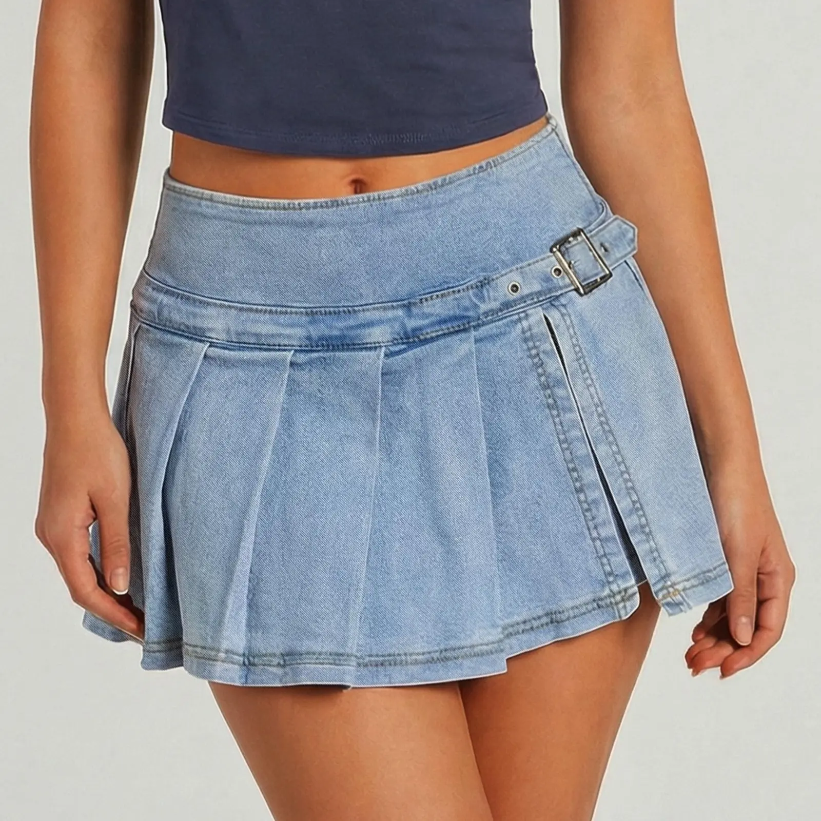 EMMIOL【Back to School】Denim Mini Skirt for Women - Mid-Low Waisted Stretch Side Zipper Skort Y2k Casual Jean Skirts with Shorts Underneath