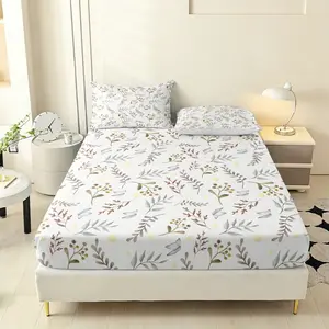 Three small brown fruits and a floral pattern with gray leaves Fitted Sheet Set, Includes 1 Fitted Sheet and 2 Pillowcases, Ideal for Bedroom or Guest Room, High-Quality Print