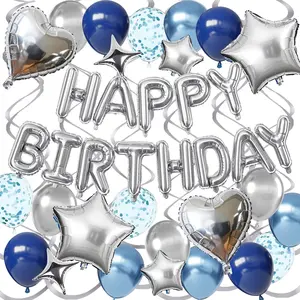 Blue  Birthday Decorations for Women, Happy Birthday Balloon Banner with Heart Balloons  Foil Balloon Blue and  Balloons for Happy Birthday Decorations Set